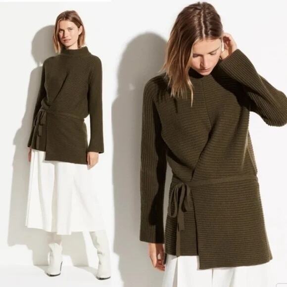 Vince Belted Ribbed Wool Cashmere Turtleneck Sweater in Army Green size XS - Picture 2 of 8